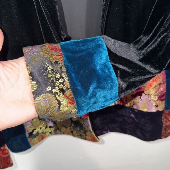 Vintage Black Velvet Patchwork Jacket Brocade Button Front Notations 90s S - Picture 6 of 9